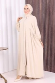 Oval Büzgülü Kol Manşetleri Lastikli Fermuarlı Tam Boy Ferace 6005 Bej thumbnail 4