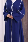 Çizgi Desenli Önü Boydan Fermuarlı Bel Kuşaklı Ferace 7885 Lacivert thumbnail 6