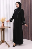 Çizgi Detaylı Boydan Fermuarlı Tam Boy Ferace 6011 Siyah thumbnail 3