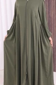 Oval Büzgülü Kol Manşetleri Lastikli Fermuarlı Tam Boy Ferace 6005 Haki thumbnail 7