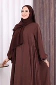 Oval Büzgülü Kol Manşetleri Lastikli Fermuarlı Tam Boy Ferace 6005 Kahverengi thumbnail 5