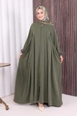 Oval Büzgülü Kol Manşetleri Lastikli Fermuarlı Tam Boy Ferace 6005 Haki thumbnail 2