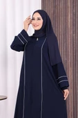 Çizgi Detaylı Boydan Fermuarlı Tam Boy Ferace 6011 Lacivert thumbnail 4
