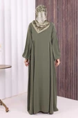 Oval Büzgülü Kol Manşetleri Lastikli Fermuarlı Tam Boy Ferace 6005 Haki thumbnail 5