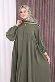 Oval Büzgülü Kol Manşetleri Lastikli Fermuarlı Tam Boy Ferace 6005 Haki thumbnail 6