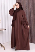 Oval Büzgülü Kol Manşetleri Lastikli Fermuarlı Tam Boy Ferace 6005 Kahverengi thumbnail 2