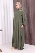 Oval Büzgülü Kol Manşetleri Lastikli Fermuarlı Tam Boy Ferace 6005 Haki thumbnail 3