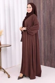 Oval Büzgülü Kol Manşetleri Lastikli Fermuarlı Tam Boy Ferace 6005 Kahverengi thumbnail 3