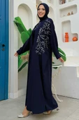 İşleme Detaylı Abaya ve Elbise Takım 8486 Lacivert - 7