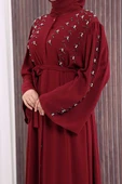Taşlı Boncuklu İşleme Detaylı Ferace 7882 Bordo thumbnail 6