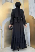 Pulpayet İşlemeli Abaya ve Elbise Takım 8483 Siyah - 6