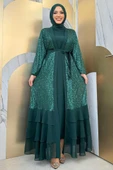 Pulpayet İşlemeli Abaya ve Elbise Takım 8483 Zümrüt - 5