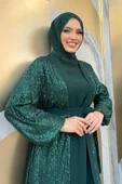 Pulpayet İşlemeli Abaya ve Elbise Takım 8483 Zümrüt - 8