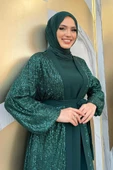 Pulpayet İşlemeli Abaya ve Elbise Takım 8483 Zümrüt - 4