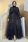 Pulpayet İşlemeli Abaya ve Elbise Takım 8483 Siyah - 5