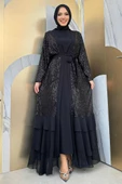 Pulpayet İşlemeli Abaya ve Elbise Takım 8483 Siyah - 1