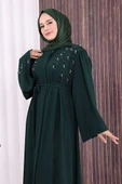 Taşlı Boncuklu İşleme Detaylı Ferace 7882 Zümrüt thumbnail 5