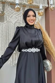 Taşlı Kemer Akseuarlı Saten Abiye Elbise 3863 Siyah thumbnail 3