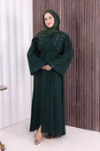 Taşlı Boncuklu İşleme Detaylı Ferace 7882 Zümrüt thumbnail 2