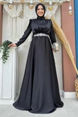 Taşlı Kemer Akseuarlı Saten Abiye Elbise 3863 Siyah thumbnail 1