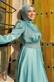 Taşlı Kemer Akseuarlı Saten Abiye Elbise 3863 Mint thumbnail 4