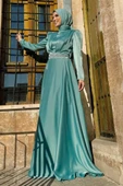 Taşlı Kemer Akseuarlı Saten Abiye Elbise 3863 Mint thumbnail 2