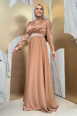 Taşlı Kemer Akseuarlı Saten Abiye Elbise 3863 Taba - 4