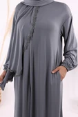 Dantel Detay Şallı Namaz Feracesi 6010 Gri thumbnail 5
