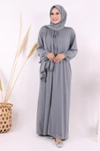 Dantel Detay Şallı Namaz Feracesi 6010 Gri thumbnail 1