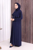 Dantel Detay Şallı Namaz Feracesi 6010 Lacivert thumbnail 3