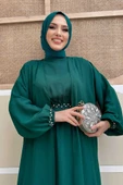 Bel Bilek Kısımları Taşlı Elbiseli Abaya Takım 8490 Zümrüt - 4