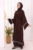 Taş İşlemeli Kat Detay Şallı Abaya 7883 Kahverengi thumbnail 3