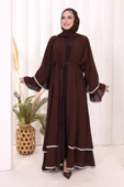 Taş İşlemeli Kat Detay Şallı Abaya 7883 Kahverengi thumbnail 1