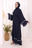 Taş İşlemeli Kat Detay Şallı Abaya 7883 Lacivert thumbnail 3