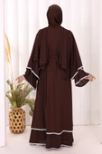 Taş İşlemeli Kat Detay Şallı Abaya 7883 Kahverengi thumbnail 4