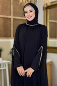 Püsküllü Yakası Taş Detaylı Abayalı Elbise Takım 8494 Siyah thumbnail 10