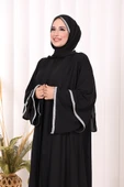 Taş İşlemeli Kat Detay Şallı Abaya 7883 Siyah thumbnail 4