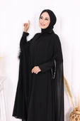 Püsküllü Yakası Taş Detaylı Abayalı Elbise Takım 8494 Siyah thumbnail 6