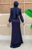 Tüylü Kuyruklu Kemer Aksesuarlı Saten Abiye Elbise 3869 Lacivert - 2