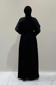 Taş İşleme Detaylı Kuşaklı Elbiseli Abaya Takım 3860 Siyah thumbnail 2