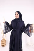 Dantel İşleme Detay Kuşaklı Şifon Abaya 7886 Lacivert thumbnail 5