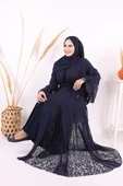 Dantel İşleme Detay Kuşaklı Şifon Abaya 7886 Lacivert thumbnail 1