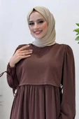 Çift Katlı Bağlama Detay Elbise 6003 Kahverengi - 4