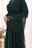 Dantel İşleme Detay Kuşaklı Şifon Abaya 7886 Zümrüt thumbnail 7