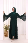Dantel İşleme Detay Kuşaklı Şifon Abaya 7886 Zümrüt thumbnail 4