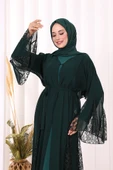 Dantel İşleme Detay Kuşaklı Şifon Abaya 7886 Zümrüt thumbnail 6
