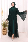 Dantel İşleme Detay Kuşaklı Şifon Abaya 7886 Zümrüt thumbnail 2
