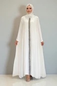 Pelerinli Ön Kısım İşleme Detay Şallı Elbise 3868 Ekru - 1