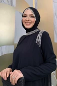 Boyun ve Omuz Kısmı Taş Detay Elbise 3876 Siyah - 4