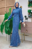 Desenli Balonkol Görünümlü Simli Abiye Elbise 1144 İndigo thumbnail 3